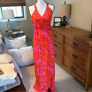Halter style wrap, dress, pink, and orange. NWOT